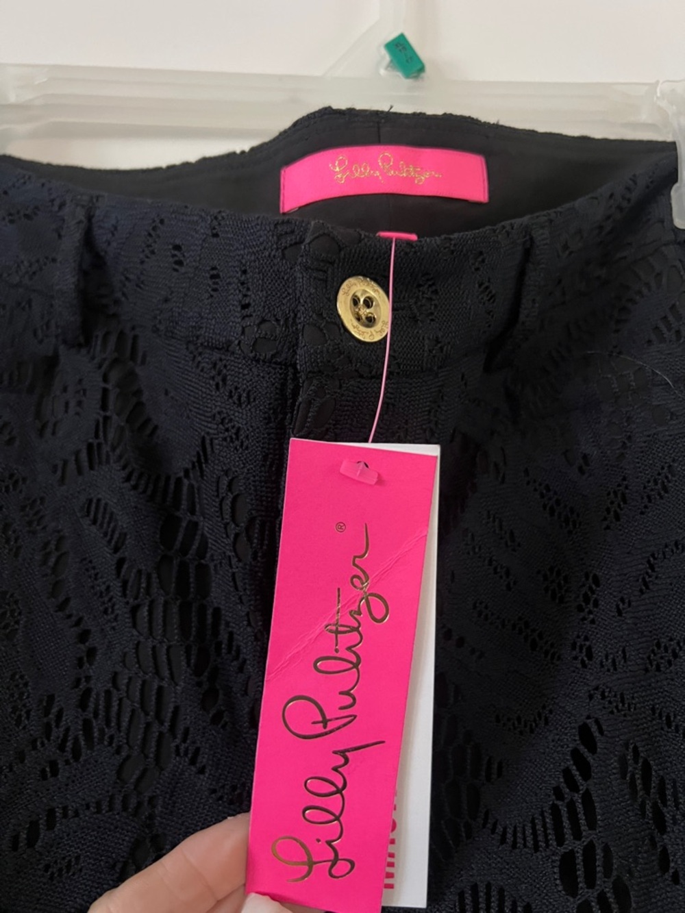 Lilly Pulitzer Black Lace Shell with Gold Button and Hot Pink Tag